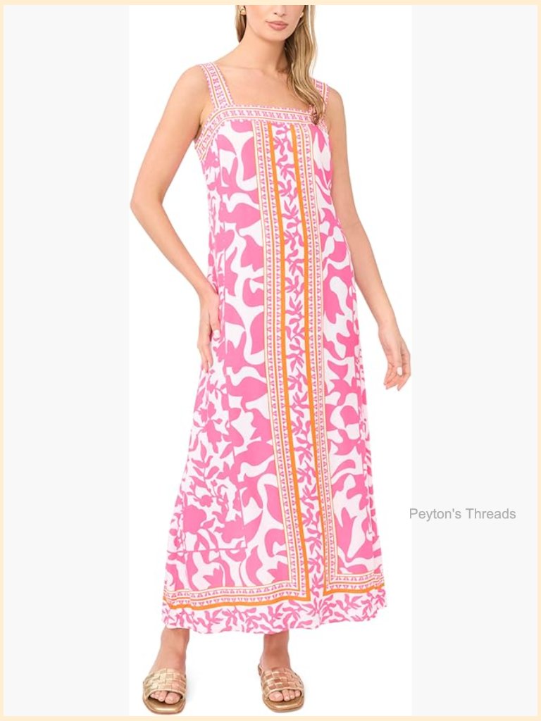 Printed Smocked Bodice Maxi Dress - Sleeveless Square Neck